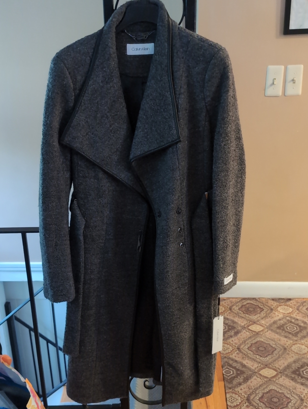 Calvin Klein Charcoal Gray Wool-Blend Long Trench Coat